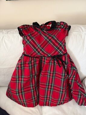 Girls' Red Plaid Holiday Dress with Black Trim and Bow